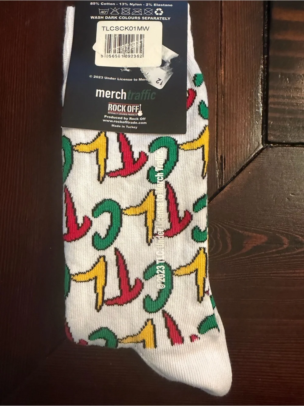 TLC White Logo Crew Socks with Red, Green & Yellow Accents